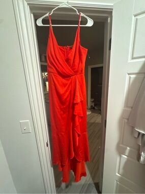 BCBGMAXAZRIA Asymmetrical Ruffle Faux Wrap Maxi Dress Red High Low Gown 8